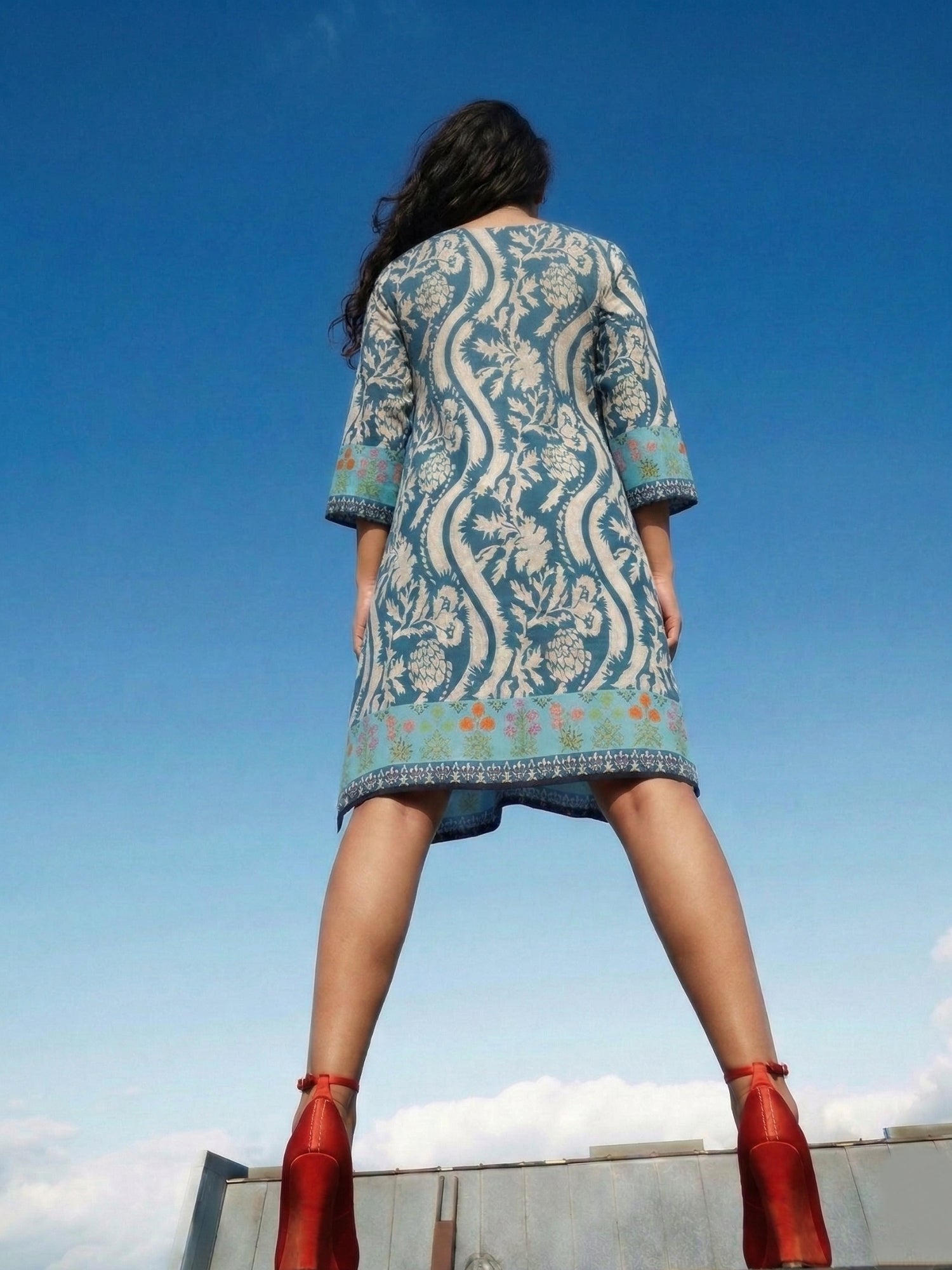 Blue Floral Printed Boho Kurti Dress